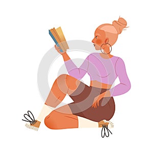 Bookcrossing with Blond Woman Character Sitting and Reading Borrowed Paper Book Vector Illustration