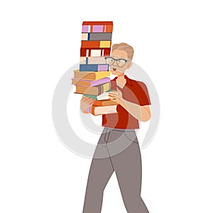 Bookcrossing with Happy Man Character Carrying Pile of Borrowed Paper Book Vector Illustration