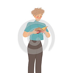 Bookcrossing with Happy Man Character Reading Borrowed Paper Book Vector Illustration