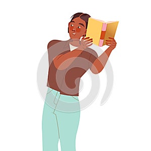 Bookcrossing with Happy Man Character Reading Borrowed Paper Book Vector Illustration