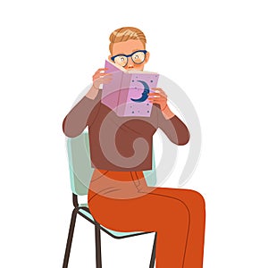 Bookcrossing with Happy Man Character Sitting on Chair and Reading Borrowed Paper Book Vector Illustration