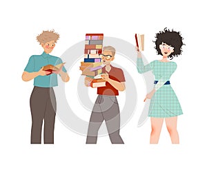 Bookcrossing with Happy Man and Woman Character with Borrowed Paper Book Vector Set