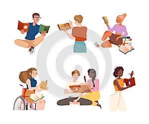 Bookcrossing with Happy Man and Woman Character Reading Borrowed Paper Book Vector Set