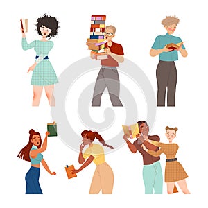 Bookcrossing with Happy Man and Woman Character Reading Borrowed Paper Book Vector Set