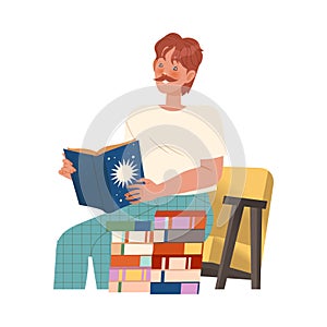 Bookcrossing with Happy Mustached Man Character Sitting on Chair and Reading Borrowed Paper Book Vector Illustration