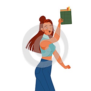 Bookcrossing with Happy Woman Character with Borrowed Paper Book Vector Illustration