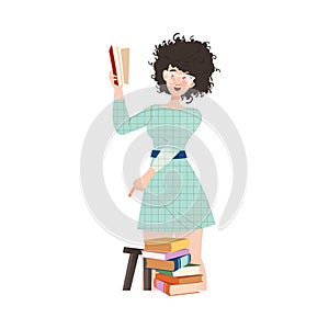 Bookcrossing with Happy Woman Character in Glasses Reading Borrowed Paper Book Vector Illustration