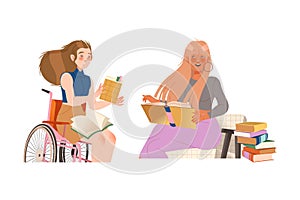 Bookcrossing with Happy Woman Character Reading Borrowed Paper Book Vector Set