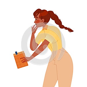 Bookcrossing with Woman Character Carrying Borrowed Paper Book Vector Illustration
