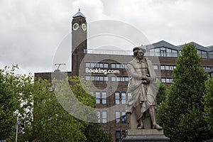 Booking.com Building At The Background With Rembrandt Statue At Amsterdam The Netherlands 25-7-2022