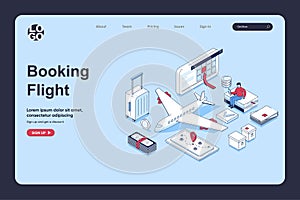 Booking flight concept in 3d isometric design for landing page template. People choosing travel destination by plane, creating