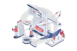 Booking flight concept in 3d isometric design. Travellers planning trips, choosing tour destination, ordering and buying plane