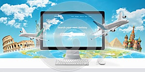 Booking a flight online concept. Traveler search for a destination, and book accommodation and tickets online