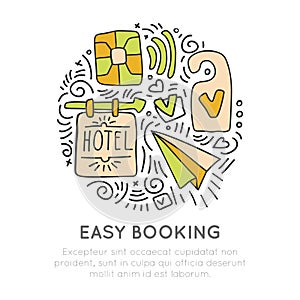 Booking Hotel and resortes vector icon concept. champagne glasses, hotel attribute hand draw cartooning style, in one photo