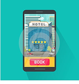 Booking hotel via mobile phone vector illustration, flat cartoon smartphone with 5 stars hotel in city on screen, idea