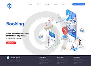 Booking isometric landing page. Travel application for ticket orders, hotel search, review and reservation isometry web