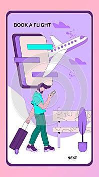 Booking online flights or ticket onboarding page design, cartoon vector illustration.