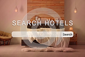 Booking online service. Search bar and beautiful hotel room on background
