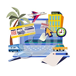 Booking online for travel, hotel, car, train, plane - vector