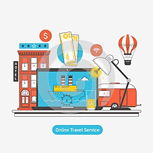 Booking reserve hotel.Travel booking concept. Hotel reservation, ticket purchase. Vector illustration