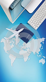 Booking and search flight ticket air international travel concept, computer,passport and airplane isolated on blue background with