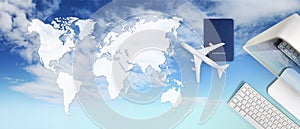 Booking and search flight ticket air travel vacation concept, passport, computer and airplane in sky background with global map