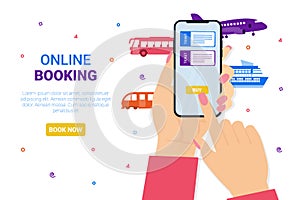 Booking ticket online concept hand and mobile