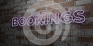 BOOKINGS - Glowing Neon Sign on stonework wall - 3D rendered royalty free stock illustration
