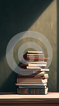 Bookish arrangement Books stacked on a table, providing copy space