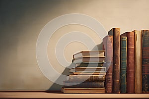 Bookish arrangement Books stacked on a table, providing copy space