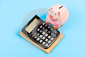 Bookkeeping. financial report. planning counting budget. Commerece business. moneybox with calculator. Piggy bank. money