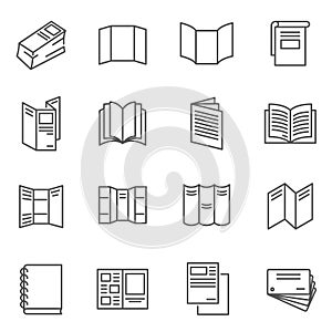 Booklet, blank, brochure thin line icons set isolated on white. Leaflet folded, layout, flyer.