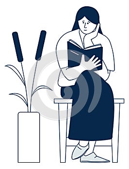 Booklover character. Woman reading book. Sitting person