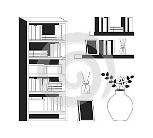 Booklover cozy furniture black and white 2D line cartoon objects set