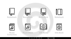 Bookmark, Notebook icons. Music Book Collection, Info, FAQ. Editable line vector set