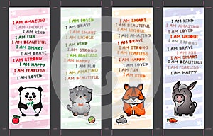 Bookmark set with cute animal and affirmations for kids. Vector.