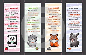 Bookmark set with cute animal and affirmations for kids. Vector. photo