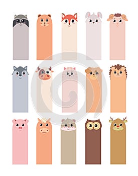 Bookmarks for children`s books with animals: raccoon bear Fox hare sheep wolf cow cat dog hedgehog pig horse hamster juice deer photo