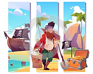 Bookmarks with pirate, treasure chest and ship
