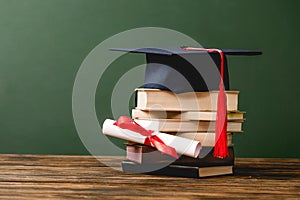 Books, academic cap and diploma on wooden surface
