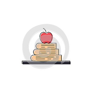 Books and apple on a shelf vector icon symbol isolated on white background