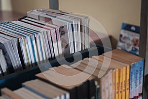 Books are arranged neatly on the shelves of the school library