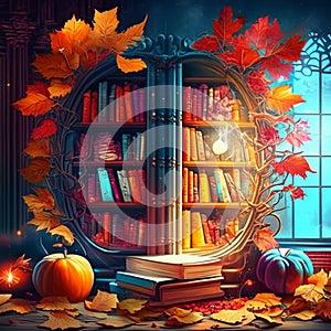 Books and autumn leaves in the library. Halloween background. Vector illustration Generative AI