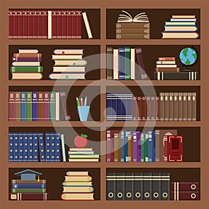 Books in bookcase seamless pattern. School book, science literature textbook, dictionary and magazines stack at university old