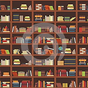 Books in bookcase seamless pattern. School book, science textbook and magazines at bookshelf. College textbooks vector