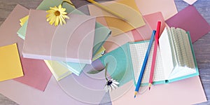 Books with bookmarks of flowers, pencils, notepads on the table, on a background of colored paper