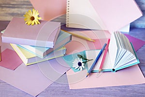 Books with bookmarks of flowers, pencils, notepads on the table, on a background of colored paper of pastel colors
