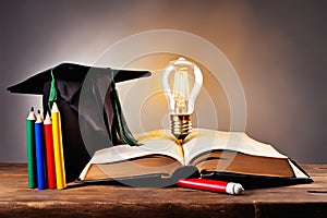books and bulb, graduate cap