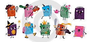 Books cartoon characters. Happy library volumes. Smiling funny literature mascots with cute faces, hands and legs