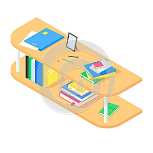 Books and chancellery on brown wooden bookshelf in isometric vector.